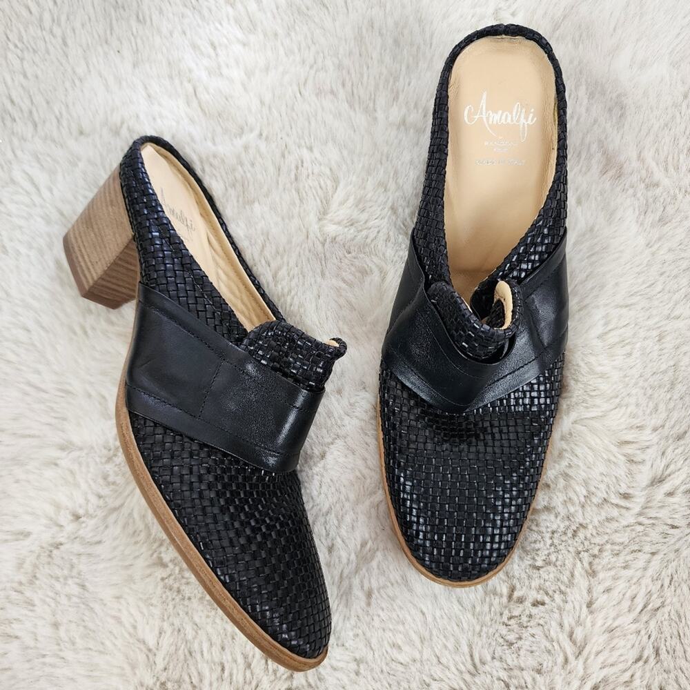 Amalfi by Rangoni Black Woven Leather Heeled Mules - 9 Made in Italy Block Heel